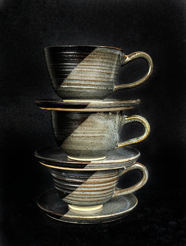 Small Cup and Saucer Black and White Diagonal Handmade Ceramic Cups ...