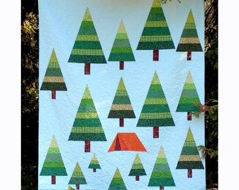 Gone Camping, Paper Pieced Tent, Pieced Green Trees, Lap Quilt, Intermediate PDF Download Quilt Pattern