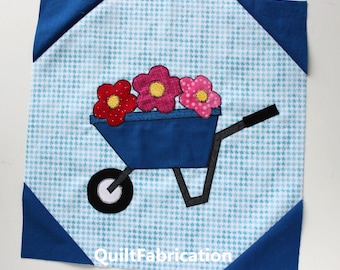 Wheelbarrow Blooms Applique Quilt Block Pattern: Beginner Floral (PDF Pattern)