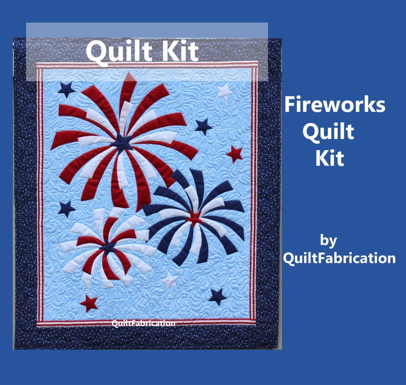 Fireworks Quilt Kit, Wall Art, Fourth of July, Red, White and Blue Quilt, Beginner Quilt, Modern Patriotic Applique Decor image 1