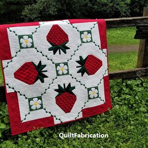 May include: A red, white, and green quilt with a strawberry and flower pattern. The quilt is hanging on a wooden fence. The text "QuiltFabrication" is visible in the bottom right corner.