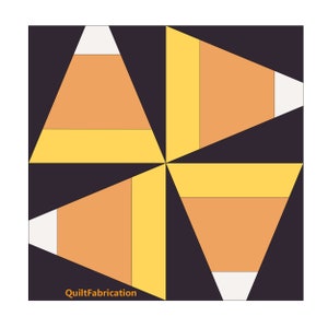 May include: Four orange, yellow, and white candy corn shapes arranged in a pinwheel pattern on a dark gray background. The text "QuiltFabrication" is at the bottom of the image.