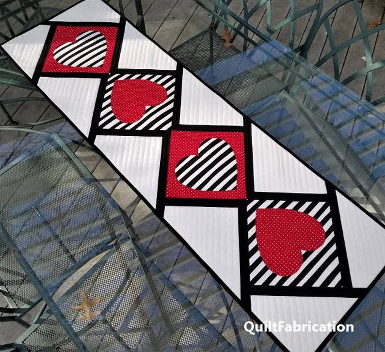 Love Match, Modern, Hearts, Table Runner, Quilt Pattern PDF, Valentine Decor, Black, White, Red, Home Decor, Striped Decor, Holiday Decor image 5