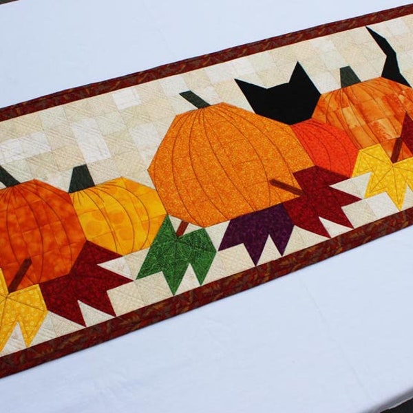 Pumpkat Patch Table Runner, Cat with Pumpkins, Fall Leaves Table Decoration, Easy Quilt Pattern