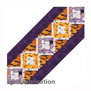 May include: A Halloween-themed quilt runner with a purple, orange and white colour scheme. The runner features a repeating pattern of bats, stars and spiderwebs. The text "Quilt Fabrication" is visible in the bottom left corner.