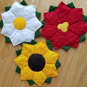 Flower Coasters, Dresden Plate, Sunflower, Daisy, Poinsettia, Table Decor, Decorative Coaster, PDF Quilt Pattern image 3
