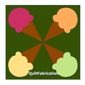 May include: Four ice cream cones in a green square with a brown background. The ice cream cones are pink, orange, yellow, and green. The text "QuiltFabrication" is in the centre of the square.