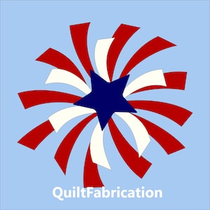 May include: A graphic design featuring a central dark blue five-pointed star surrounded by radiating curved ribbons in alternating red and white colors against a light blue background, with the text QuiltFabrication printed in white at the bottom.