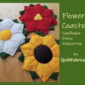 Flower Coasters, Dresden Plate, Sunflower, Daisy, Poinsettia, Table Decor, Decorative Coaster, PDF Quilt Pattern image 1