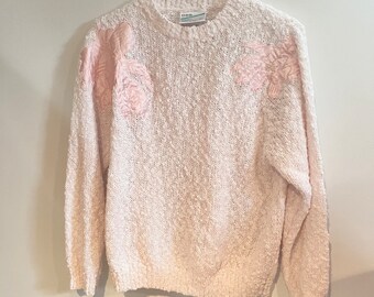 1980s Pink Applique Floral Sweater, S-M