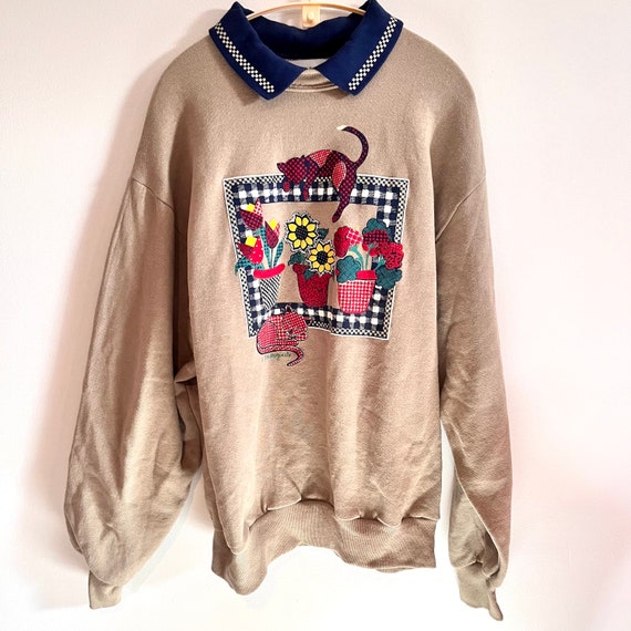 1980s/1990s Cat Puff Paint Collared Sweatshirt, M