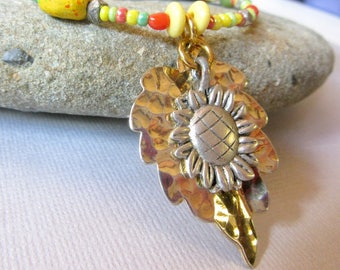 Sunflower Necklace, Layered Mixed Metals Sunflower and Leaf Pendant, Mixed Beads Necklace, Distressed Sunflower and Brass Chain Necklace