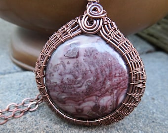 Pink Victorian Necklace, Pink Impressionist Pendant, Abstract Pendant, Wire Weave Jewelry, Copper Chain, Pink Stone, Bohemian Jewelry,