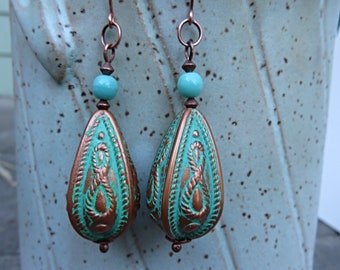 BoHo Teardrops Earrings, Aqua and Copper Earrings, Vintage Teardrops Jewelry, Bohemian Style Earrings