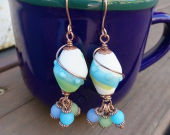 Copper Wire Wrapped Blue and Green Striped Lampwork Beads with Blue, Green and Purple Seaglass Beads Earrings, Seaglass Jewelry