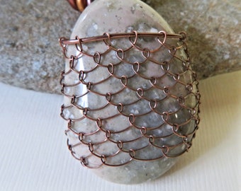 Netted Oval Beach Agate Pendant on Copper Ball Chain Necklace, Speckled Tan Stone Wire Wrapped Necklace, Copper Wire Netting, Gift for Her