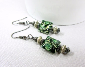 Green and Black Swirls Lampwork Earrings, Square Lampwork Spiral Earrings, Green and Black Glass Earrings