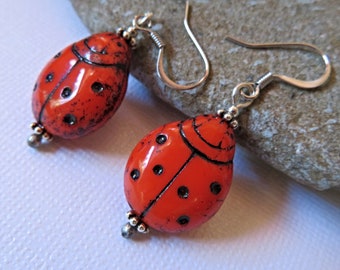 Ladybug Earrings, Lady Beetle Jewelry, Glass Ladybug Earrings, Orange Ladybirds Earrings, Garden Jewelry, Nature Jewelry, Insect Earrings