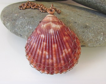 Scallop Shell Pendant, Copper Wire Netted Shell Necklace on Ball Chain, Wire Wrapped Sea Shell Necklace, Ocean Jewelry, Beach Necklace,