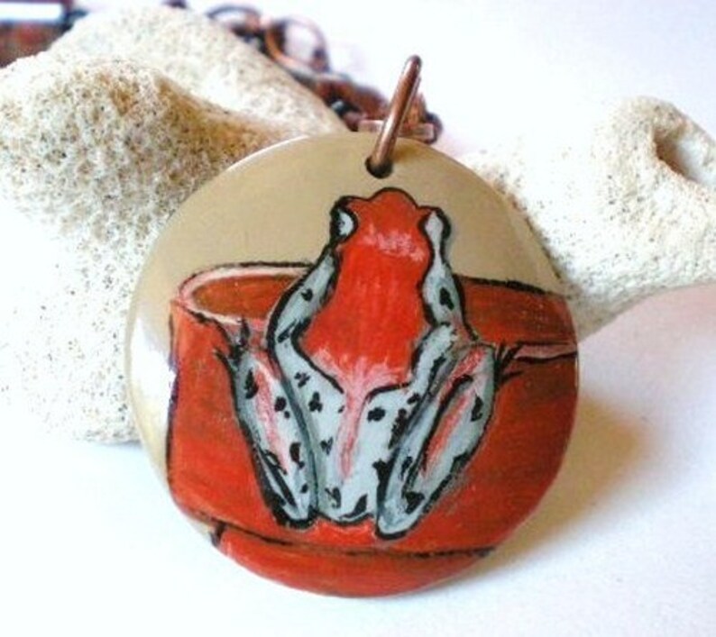 Red Tree Frog Pendant, Frog in Flower Pot Necklace, Hand Painted Frog Necklace, Frog Jewelry, Red Feldspar and Copper Chain Necklace image 1