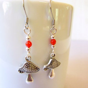 Mushroom Earrings, Silver Color Mushroom and Red Coral Earrings, Dangle Mushroom Earrings, Bumpy Mushroom Charms Earrings, Mushroom Jewelry image 3