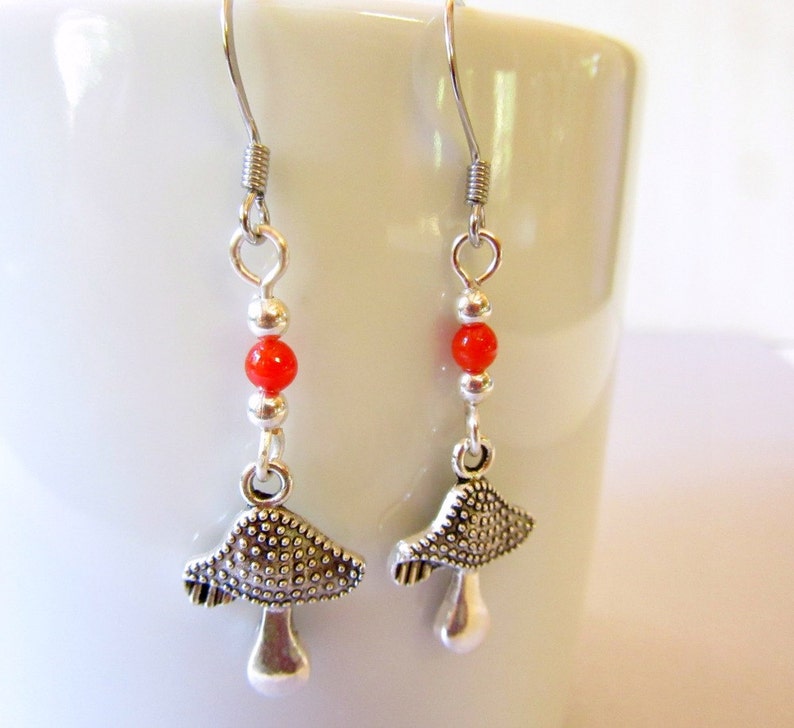 Mushroom Earrings, Silver Color Mushroom and Red Coral Earrings, Dangle Mushroom Earrings, Bumpy Mushroom Charms Earrings, Mushroom Jewelry image 3