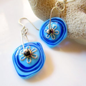 Bright Blue Glass Abstract Disc Earrings, Translucent Blue Two Tone Earrings, Blue Circles  and Silver Flower Earrings, Blue Disc Jewelry