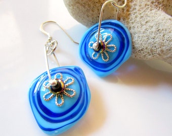 Bright Blue Glass Abstract Disc Earrings, Translucent Blue Two Tone Earrings, Blue Circles  and Silver Flower Earrings, Blue Disc Jewelry