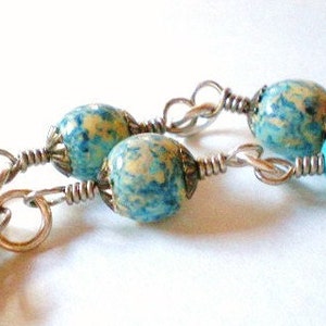 Necklace Blue, Peach and Ivory, Speckled Hand Painted Wood Beads, Turquoise Color Howlite, Wire Wrapped image 1