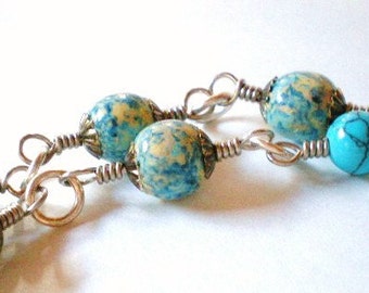 Necklace - Blue, Peach and Ivory,  Speckled Hand Painted Wood Beads, Turquoise Color Howlite, Wire Wrapped