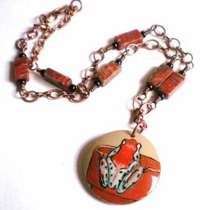Red Tree Frog Pendant, Frog in Flower Pot Necklace, Hand Painted Frog Necklace, Frog Jewelry, Red Feldspar and Copper Chain Necklace image 3