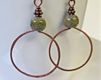 Hammered Copper Hoops Earrings with Hand Painted Green Wood Beads, Circle Earrings, Round Hoops