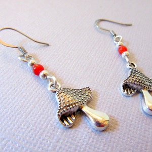 Mushroom Earrings, Silver Color Mushroom and Red Coral Earrings, Dangle Mushroom Earrings, Bumpy Mushroom Charms Earrings, Mushroom Jewelry image 4