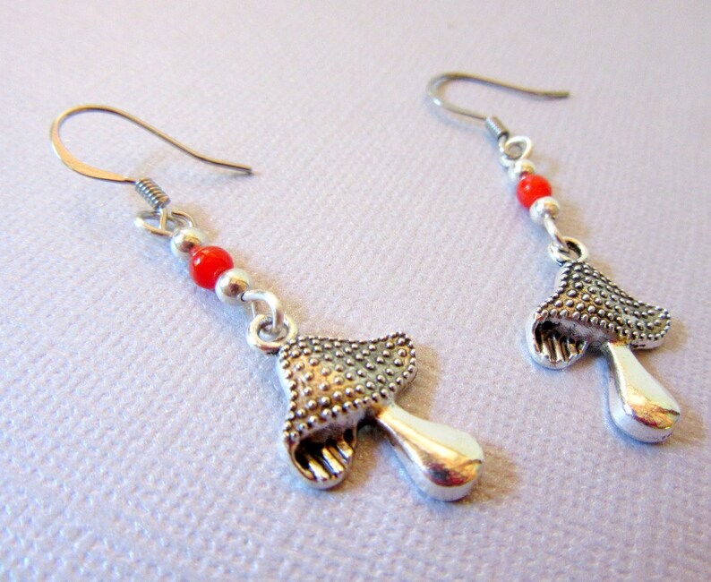 Mushroom Earrings, Silver Color Mushroom and Red Coral Earrings, Dangle Mushroom Earrings, Bumpy Mushroom Charms Earrings, Mushroom Jewelry image 4