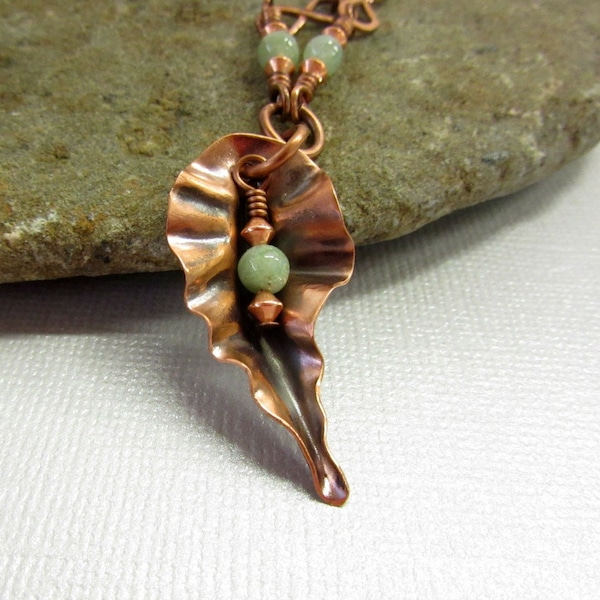 Copper Leaf Pendant, Form Folded Copper Leaf Necklace, Sage Green Aventurine Necklace, Green and Copper Jewelry, Handmade Copper Chain