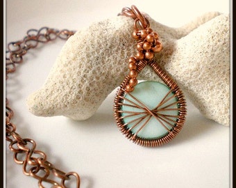 Aqua Shell Coin Bead, Peruvian Thread Style Copper Wire Wrapped Pendant, Handmade Copper Chain Necklace, Copper Bead Grape Cluster