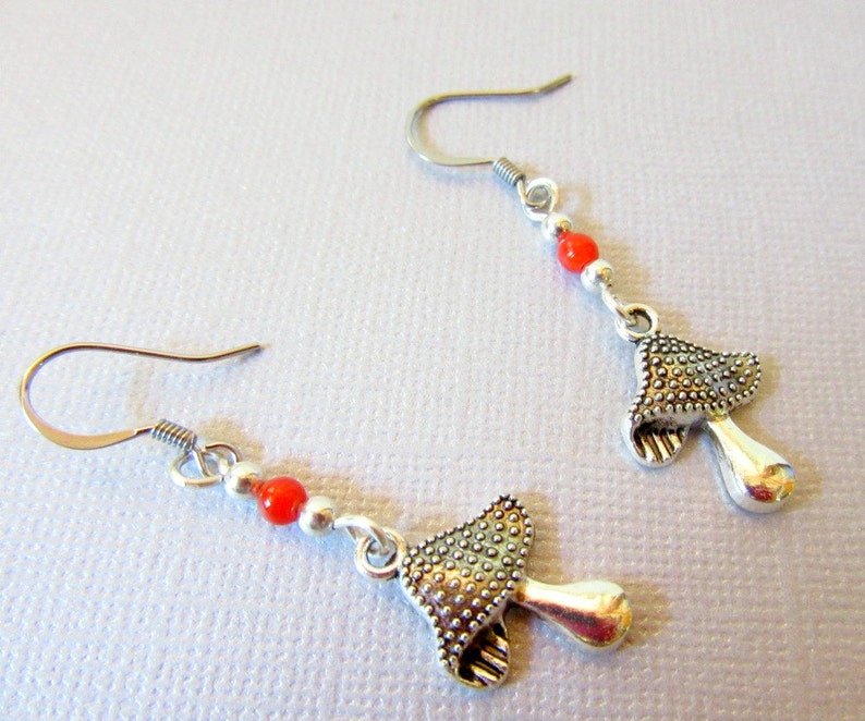 Mushroom Earrings, Silver Color Mushroom and Red Coral Earrings, Dangle Mushroom Earrings, Bumpy Mushroom Charms Earrings, Mushroom Jewelry image 2