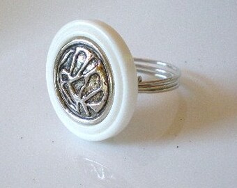 Asian Style Ring, White and Silver Color Vintage Button Ring, White Button Ring, Sterling Silver Wire Vintage Button Ring