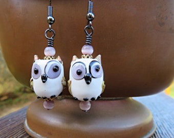 Glass Owls Earrings, White and Gray Owl Earrings with Cat's Eye Beads, Cute Owl Earrings, Owl Jewlery, Playful Owls, Bird Lover Earrings