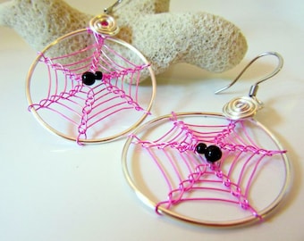 Spider Web Earrings, Hot Pink Spider Webs, Dangly Cobweb Hoops, Halloween Jewelry, Spiderweb Jewelry, Spider Earrings, Wire Weave Spider Web