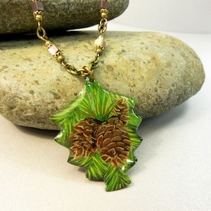 Pine Cone Pendant, Pine Cone Necklace, Handpainted Pine Cone Jewelry, Mocha Mint Jasper, Nature Jewelry, Resin Jewelry