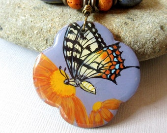 Swallowtail Butterfly Pendant, Butterfly Necklace, Orange Daisies Pendant, Purple and Orange Ceramic Beads, Resin Jewelry, Nature Jewelry