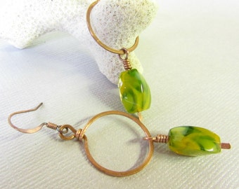 Lampwork Earrings, Copper Hoops Earrings, Glass Bead Earrings, Lampwork Jewelry, Copper Jewelry, Green and Yellow Glass Beads Earrings