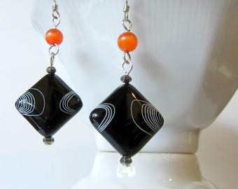 Laster Etched Black Onyx Earrings, Square Onyx Beads, Black Onyx and Orange Cats Eye Earrings, Engraved Onyx Jewelry, Dangly Black Earrings