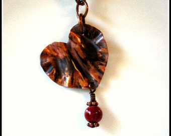 Copper Heart Pendant, Form Folded Heart Necklace, Ruffled Heart Pendant, Red Coral Beads, Copper Plated Chain