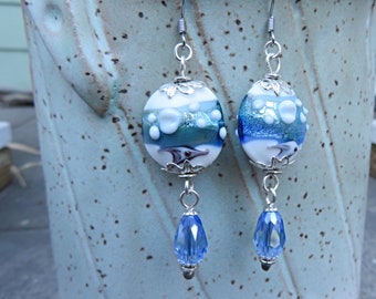 Dangling Dolphin Earrings, Lampwork Dolphins, Ocean Colors Earrings, Dolphin Jewelry, Leaping Dolphins