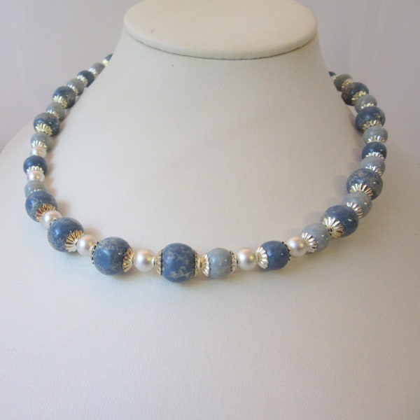 Blue Handpainted Wood Beads Strand Necklace, Blue and Sterling Silver Necklace, Wood Beads and Sandblasted Sterling Silver Beads Jewelry