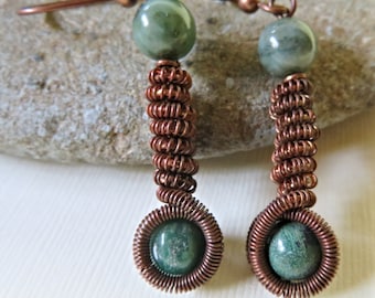 Coiled Copper Earrings with Blue Green Beads, Twisted Copper Earrings, Copper Coils