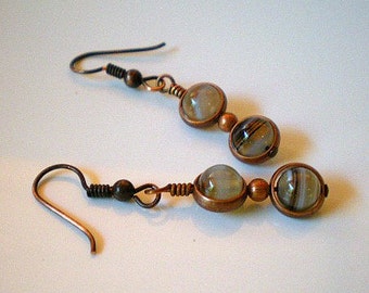 Earth Tones Earrings, Gem Stones in Copper Cages Earrings, Banded Stones Caged in Copper Earrings