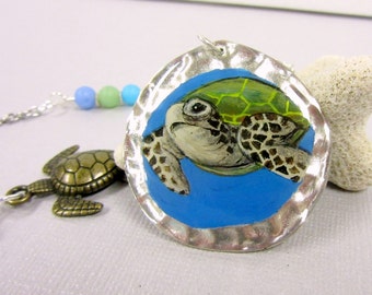 Sea Turtle Necklace Handpainted, Sea Turtle Pendant, Sea Turtle Jewelry with Turtle and Star Fish Charms, Blue, Green and Purple Glass Beads